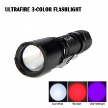 UltraFire 3-Color Flashlight, White / UV / Red light Hunting Torch