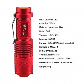 UltraFire SK68 300lm Mini Cree Led Focus Zoom Flashlight 1-Mode（red）