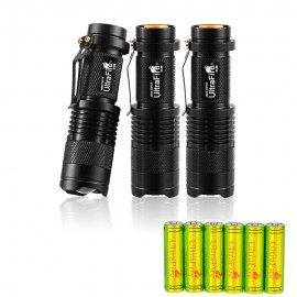 3 Pack UltraFire SK68 Tactical Small Flashlights and AA 1.5 Volt Performance Alkaline Batteries