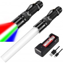 UltraFire Traffic Control LED Flashlight, Signal Traffic Wand Flashlight, Blue Green Red White Light Tactical Hunting Flashlight, with Battery, Charger and Cone (Pack of 2)